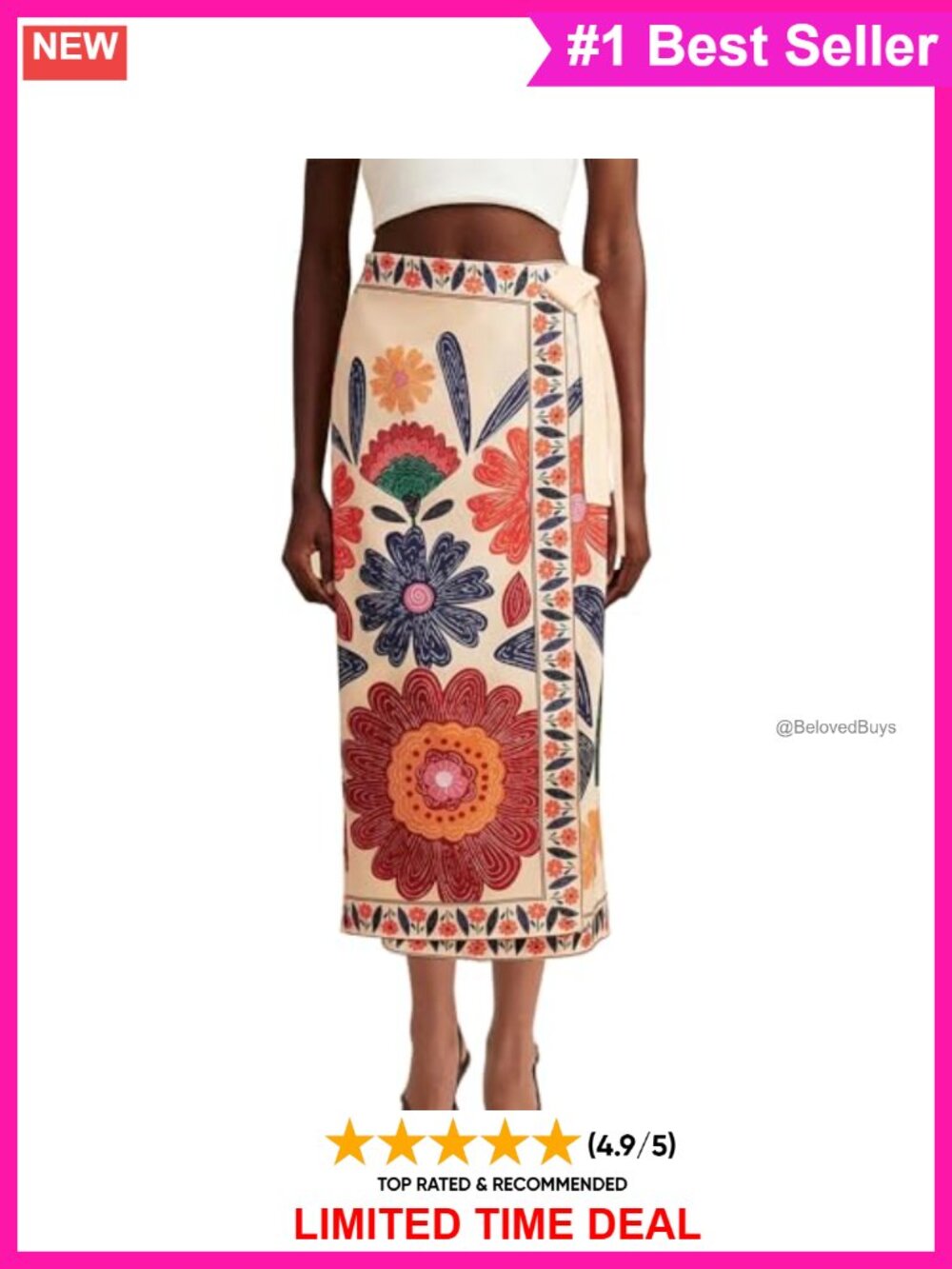 Floral Wrap Midi Skirt with Adjustable Tie Side, Polyester Spandex, Summer